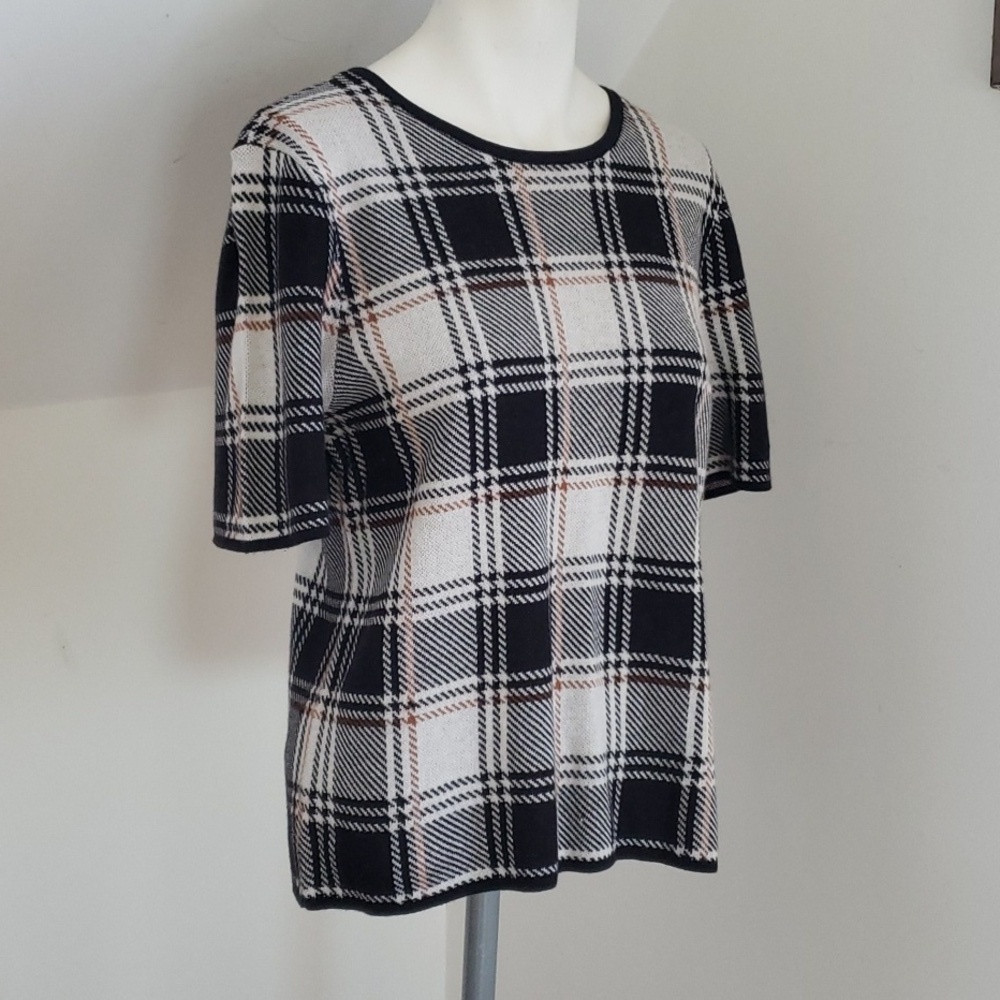 Ann Taylor Factory Plaid Boatneck Short Sleeve Sweater, Size L